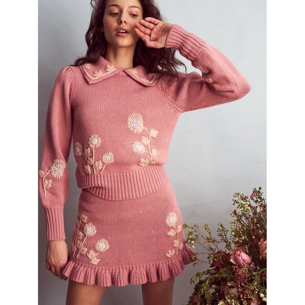 Love Shack Fancy Sweater XS Union Peter Pan Collar Pink Embroidered Coquette